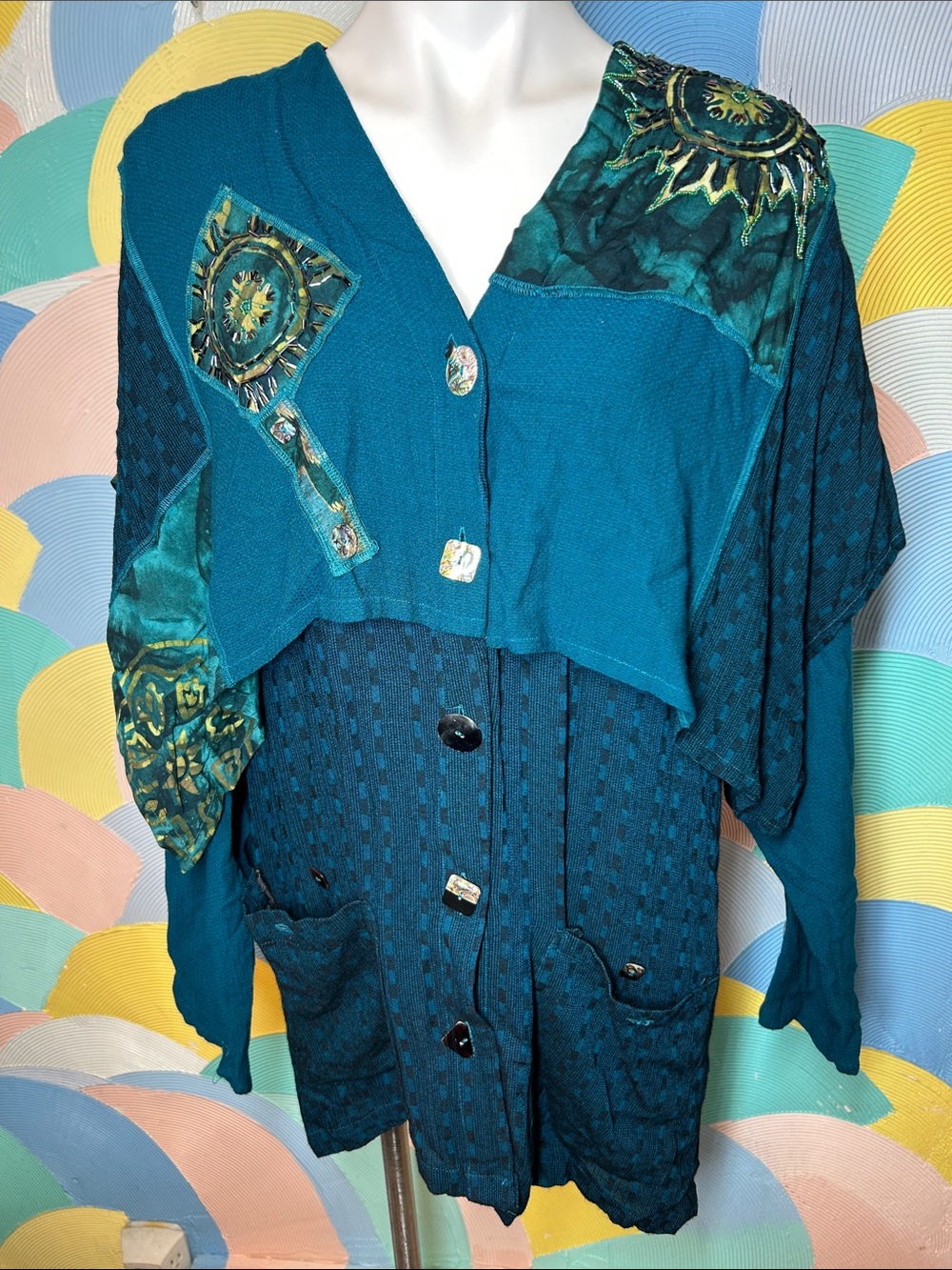 Teal Patchwork Button-Front Cardigan with Sunburst Accents sz XL